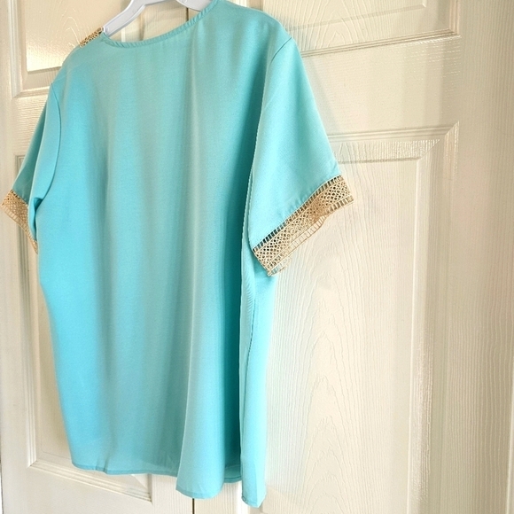 NWOT V Neck Crochet Short Sleeved Top Aqua XL - Picture 7 of 9